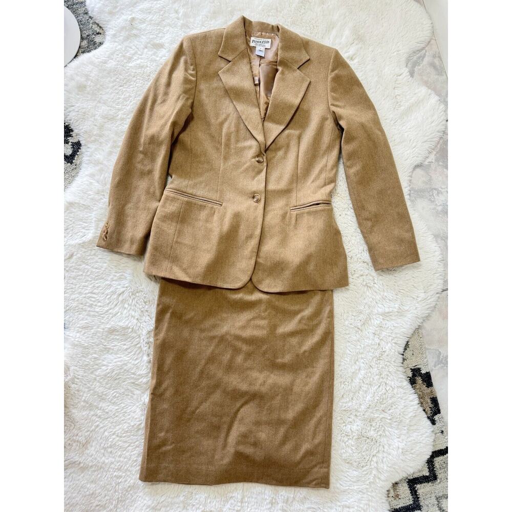 Vintage Pendleton Blazer Skirt Suit Set Tan Outfit Virgin Wool PRISTINE - Picture 3 of 12